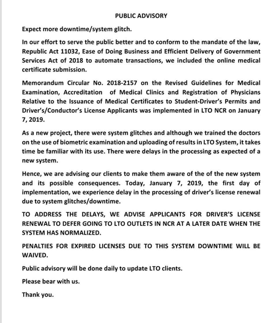 LTO's new online medical certificate submission causing delays, glitches 